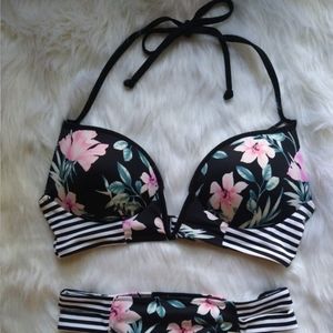 PINK Victoria's Secret Strappy Halter Cheekster Bikini~Hawaiian Floral Stripe!